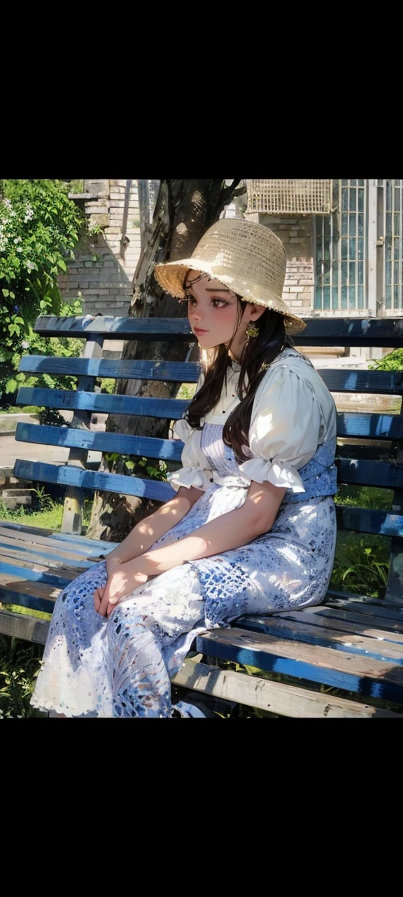 a girl sitting on a bench, sunny day, tree behind her, leaves, soft colors, beautiful detailed eyes, beautiful detailed lips, extremely detailed eyes and face, long eyelashes, intricate detailed face, delicate facial features, elegant pose, natural lighting, warm lighting, high quality, 8k, masterpiece, photorealistic, hyperrealistic, vibrant colors, lush greenery, serene atmosphere, peaceful scene, detailed environment, soft focus, cinematic composition, dreamy aesthetic, naturalistic rendering