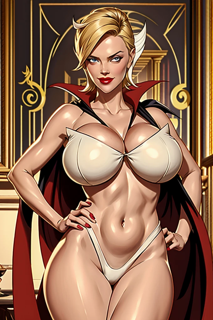 masterpiece, cinematic, Charlize Theron, Doronjo, perfect face, bong blonde hair, long red nails, red lipstick, voluptuous body, Large Breasts, Cleavage, narrow waist, big ass, alluring, glamorous, Smile, arms crossed, chest up, flattering