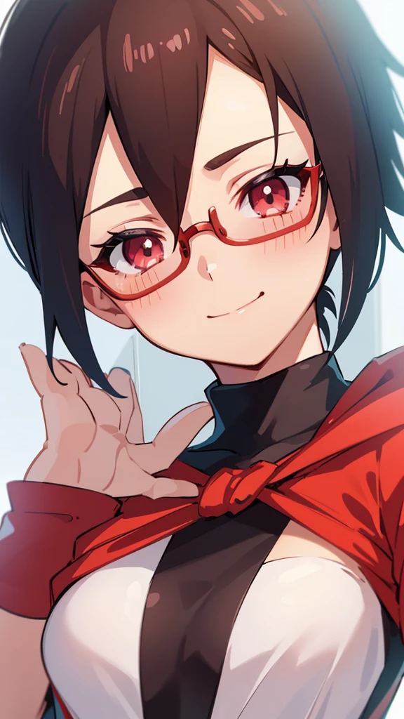 ((Best quality))((realistic))((full body))((face detail))A girl. Sarada Uchiha/(Boruto Characters)/ , Red glasses , towel clothing, shy , eyes half close , sedative smile , look at viwer , spring, stream , wet