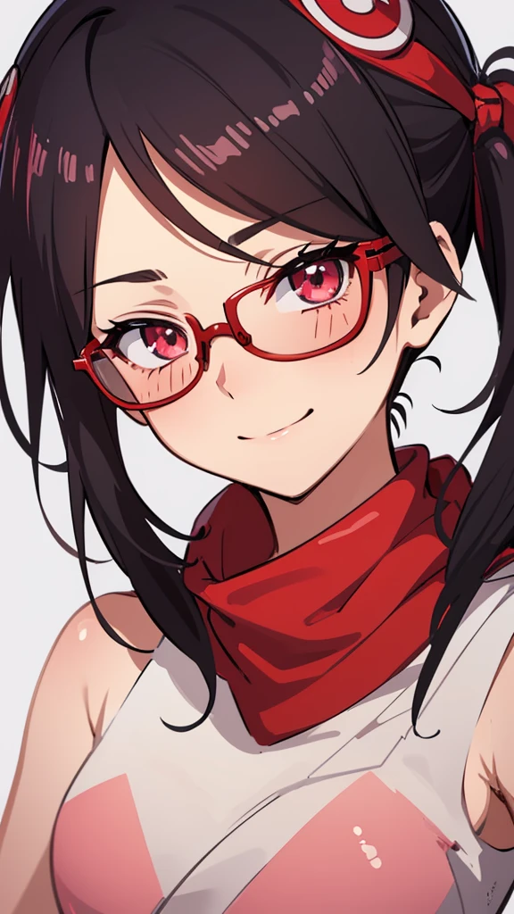 ((Best quality))((realistic))((full body))((face detail))A girl. Sarada Uchiha/(Boruto Characters)/ , Red glasses , towel clothing, shy , eyes half close , sedative smile , look at viwer , spring, stream , wet