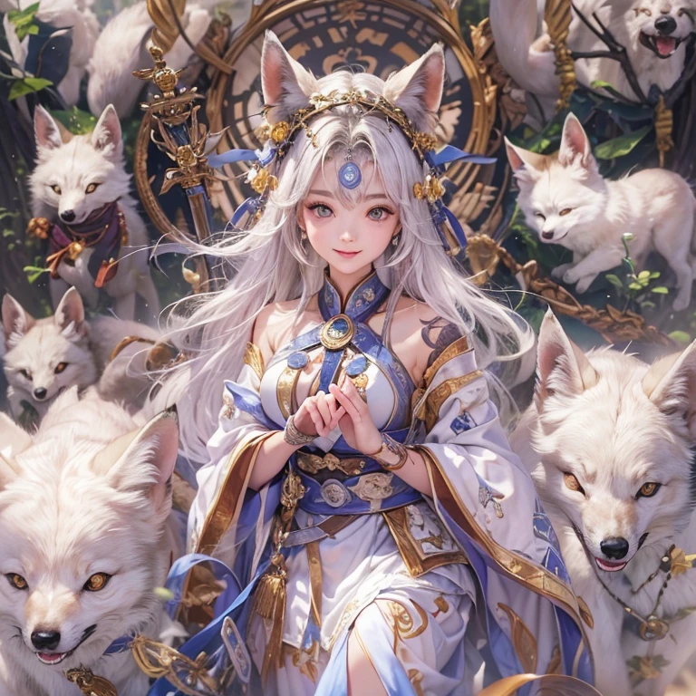 Hiding in an ancient shrine、Hair flow、 ((Highest quality、masterpiece、8K、Best image quality、Ultra-high resolution、Award-winning works)、(Accurate anatomy:1.1)、(Look at me and smile:1.1)、Shining fair skin with Ultra-high resolution、The most detailed face、Ultra-high resolution detailed face、Ultra-high resolutionの髪の毛、(Ultra-high resolutionの煌めく瞳:1.1)、Beautiful face drawn in every detail、(Blurred Background:1.1)、Ancient maiden costume, Chest to chest, tattoo、Other than white fox 