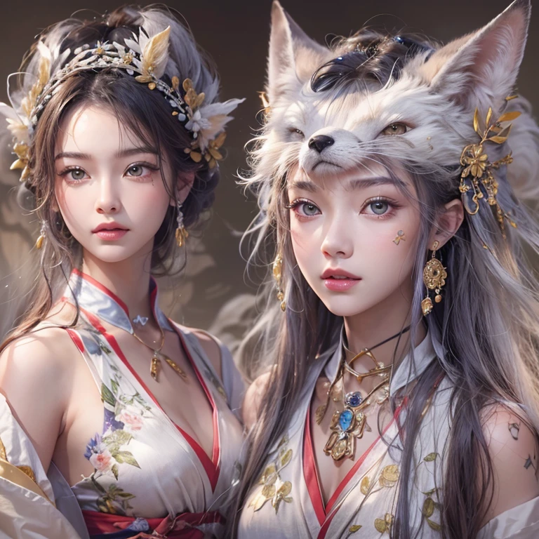 Hiding in an ancient shrine、Hair flow、 ((Highest quality、masterpiece、8K、Best image quality、Ultra-high resolution、Award-winning works)、(Accurate anatomy:1.1)、(Look at me and smile:1.1)、Shining fair skin with Ultra-high resolution、The most detailed face、Ultra-high resolution detailed face、Ultra-high resolutionの髪の毛、(Ultra-high resolutionの煌めく瞳:1.1)、Beautiful face drawn in every detail、(Blurred Background:1.1)、Ancient maiden costume, Chest to chest, tattoo、Other than white fox