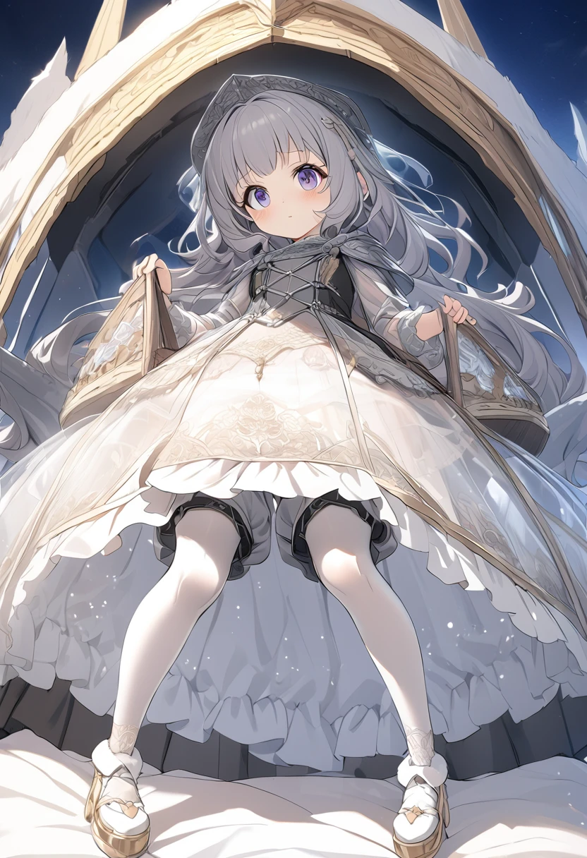 (Highly detailed CG Octane render 8k wallpaper), The most beautiful works of art in the world, Full body shot from below, Complex, High detail, ８Year old girl, Gold and silver embroidery, Grey Pearl Medieval Mini Dress（With panniers）, Translucent fabric, Please lift your skirt, Strong winds, Translucent slip, Grey translucent tights, Peeking from below, Highest quality, Disorder of clothing, Lying down, underwear, Show off your thighs, night、Wearing bloomers