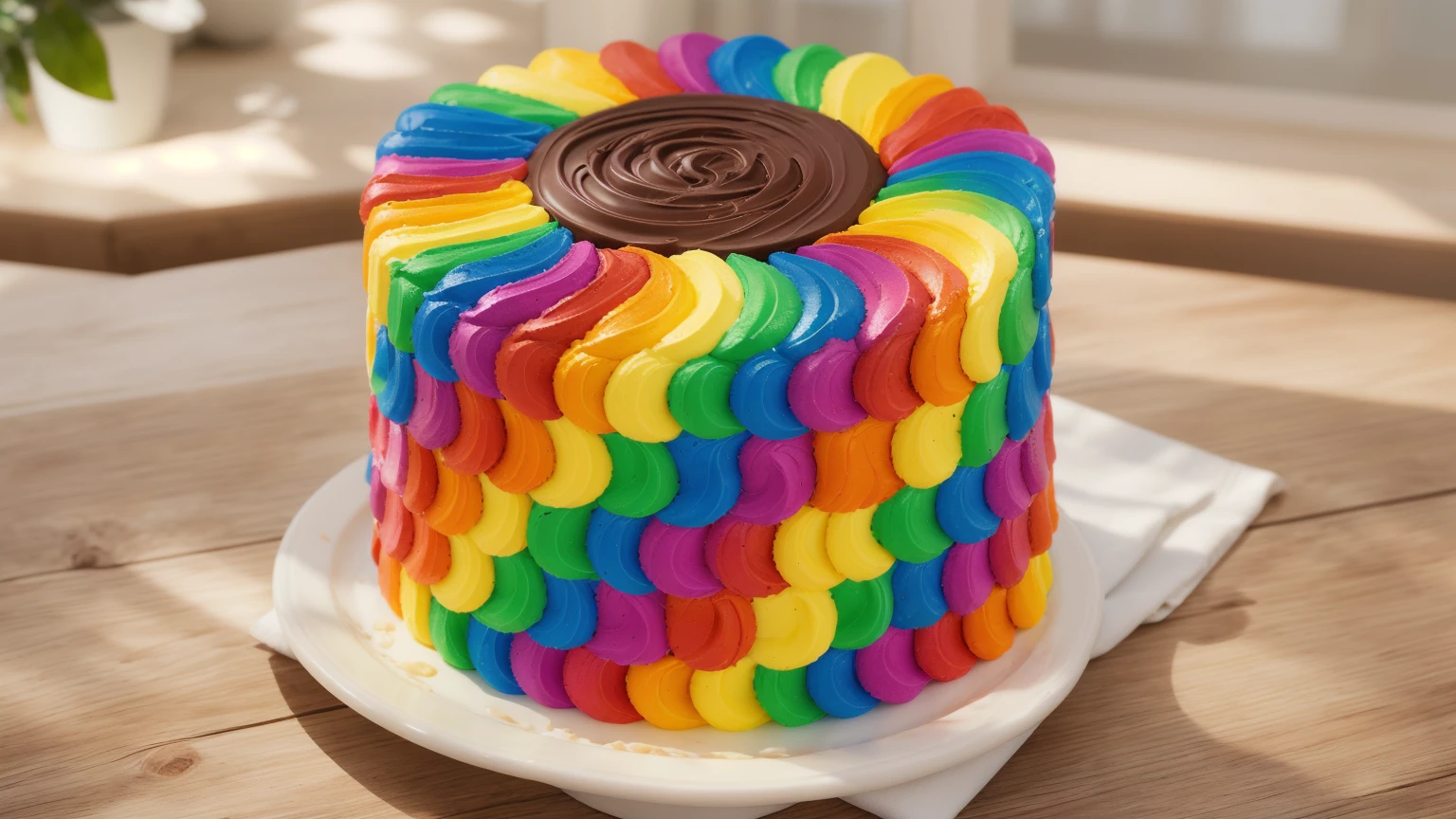 on a wooden table. there is a square white plate. rainbow cream cake. smears of cream in a checkerboard pattern, hole with chocolate drips on top,  ((cream highlights)), against the background of the kitchen, Kitchenware, vases with plants, Beautiful light from the window, contour light, Multiple light sources, beautiful sunlight, Bright light source, bright lighting, beautiful light sources, Multiple light sources, Realistic style , realistic texture, detailed texture, A high resolution, high quality, macro photography 