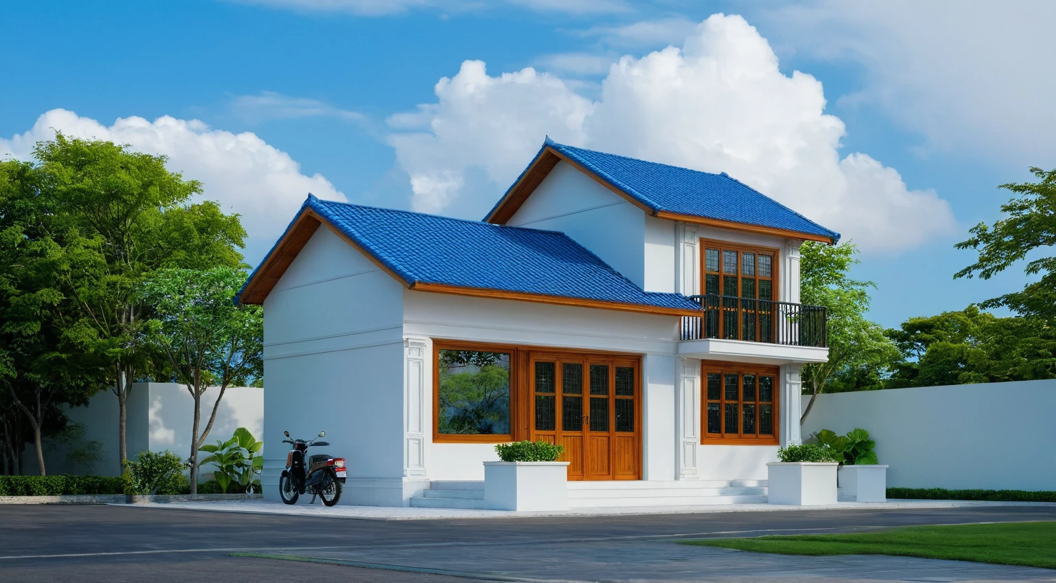 Raw photo, Masterpiece, high quality, best quality, authentic, super detail, outdoors, house style modern on the street , a traditional single-story Thai-style house, large glass window and at the first floor, blue tile roof, white wall, pavement, grass, trees, tropical plants, clear sky, cloud, (nature light), (daylight:1.2)