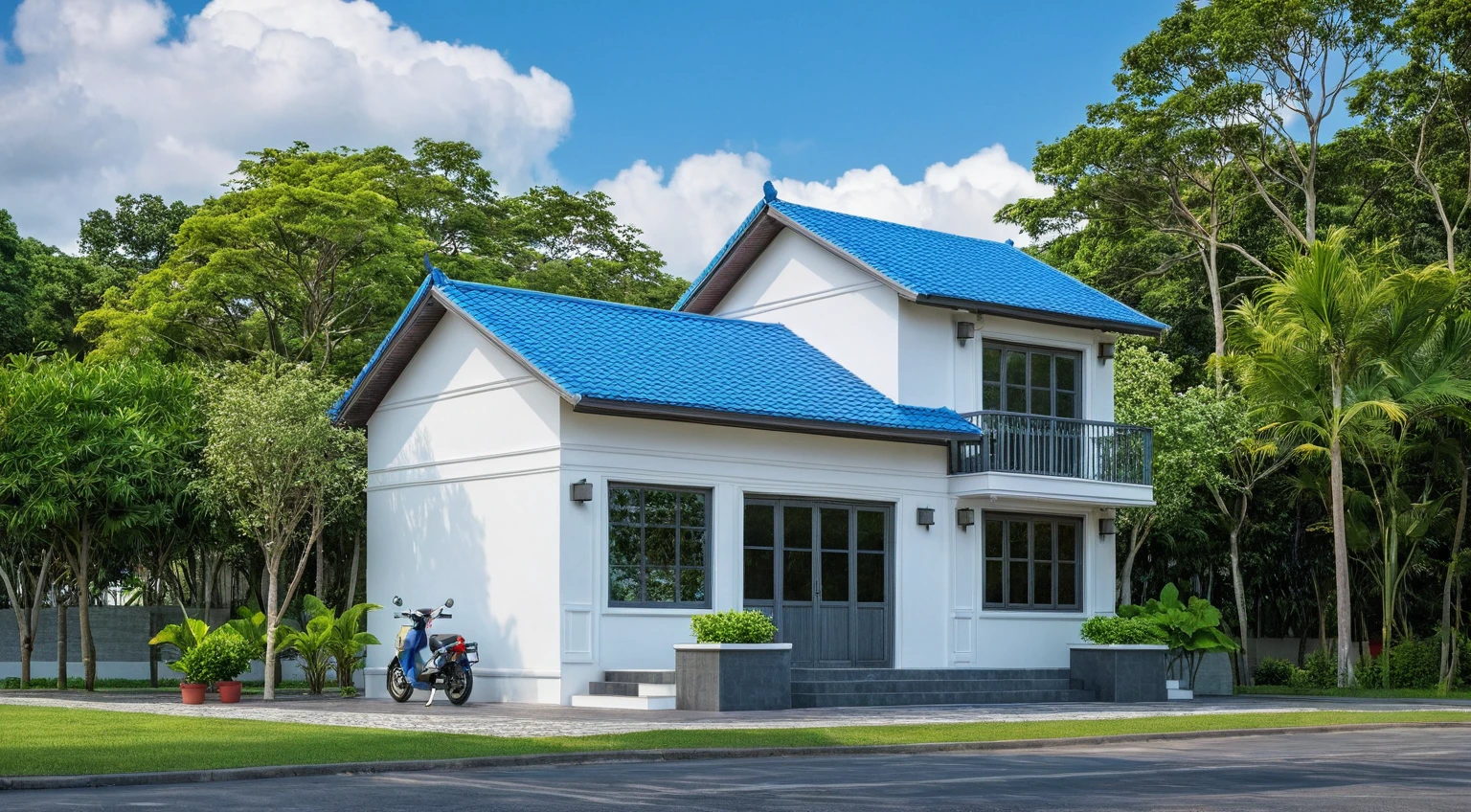 Raw photo, Masterpiece, high quality, best quality, authentic, super detail, outdoors, house style modern on the street , a traditional single-story Thai-style house, large glass window and at the first floor, blue tile roof, white wall, pavement, grass, trees, tropical plants, clear sky, cloud, (nature light), (daylight:1.2)