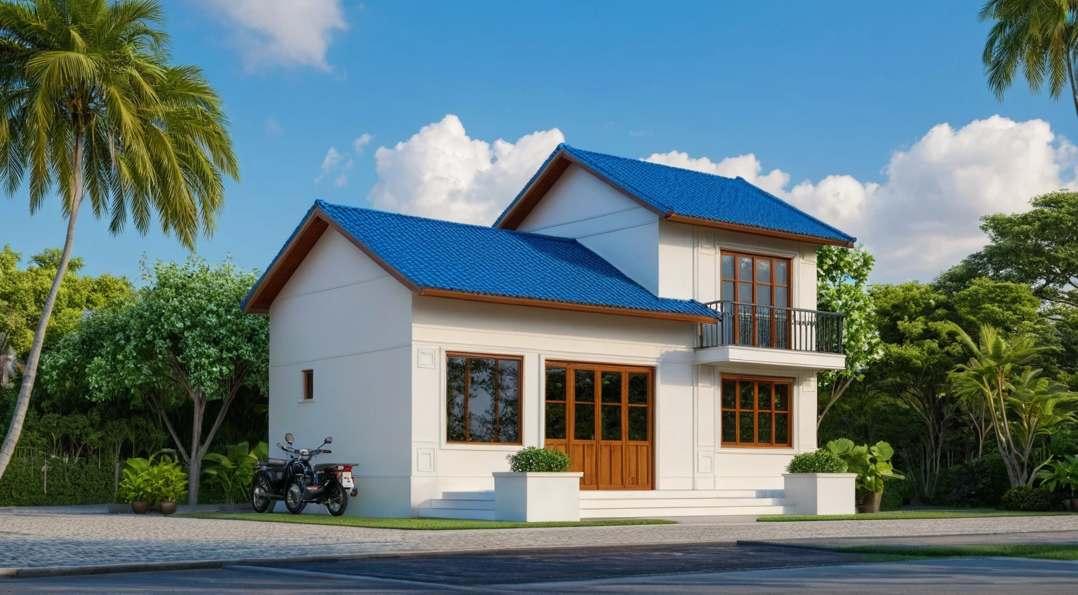 Raw photo, Masterpiece, high quality, best quality, authentic, super detail, outdoors, house style modern on the street , a traditional single-story Thai-style house, large glass window and at the first floor, blue tile roof, white wall, pavement, grass, trees, tropical plants, clear sky, cloud, (nature light), (daylight:1.2)