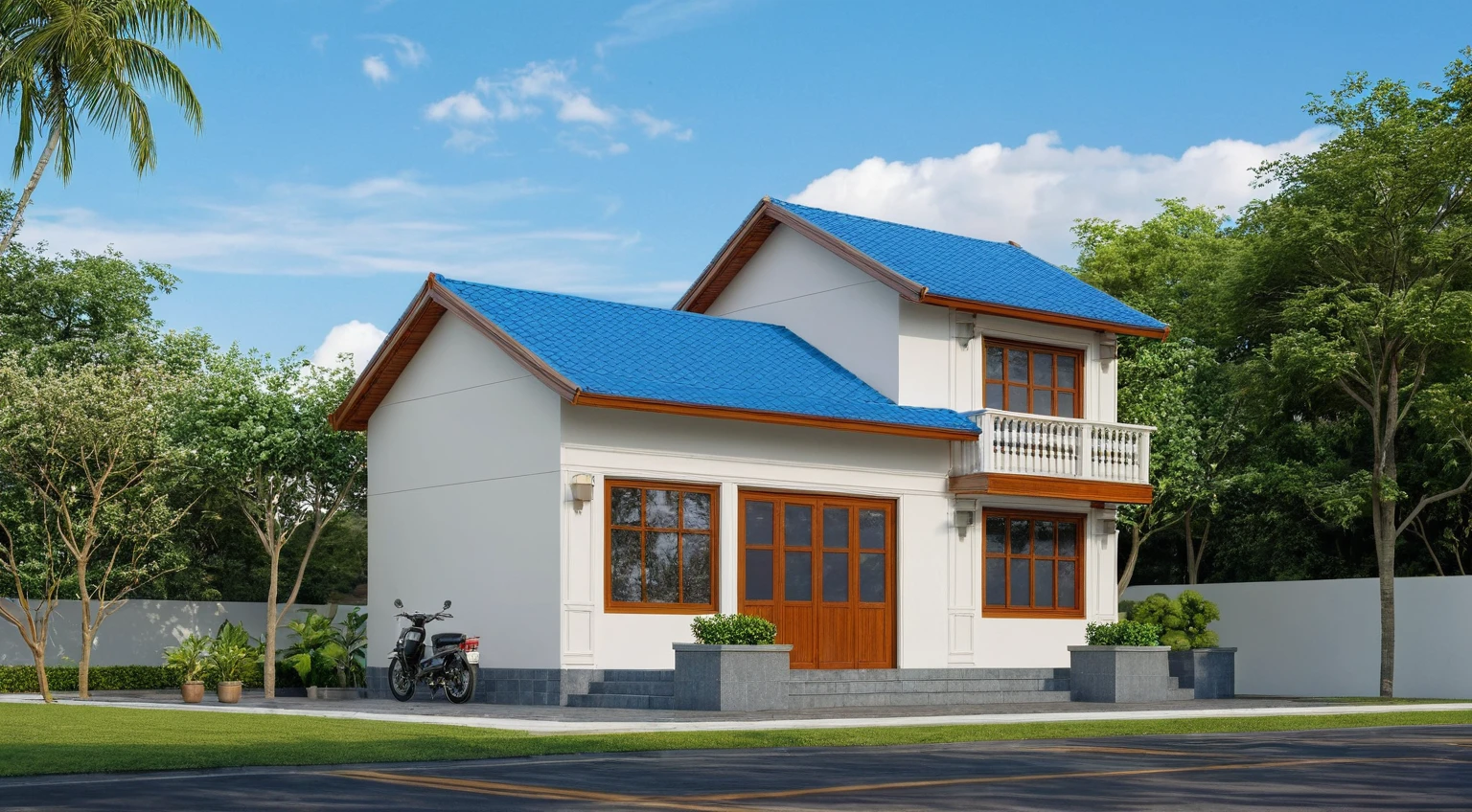 Raw photo, Masterpiece, high quality, best quality, authentic, super detail, outdoors, house style modern on the street , a traditional single-story Thai-style house, large glass window and at the first floor, blue tile roof, white wall, pavement, grass, trees, tropical plants, clear sky, cloud, (nature light), (daylight:1.2)