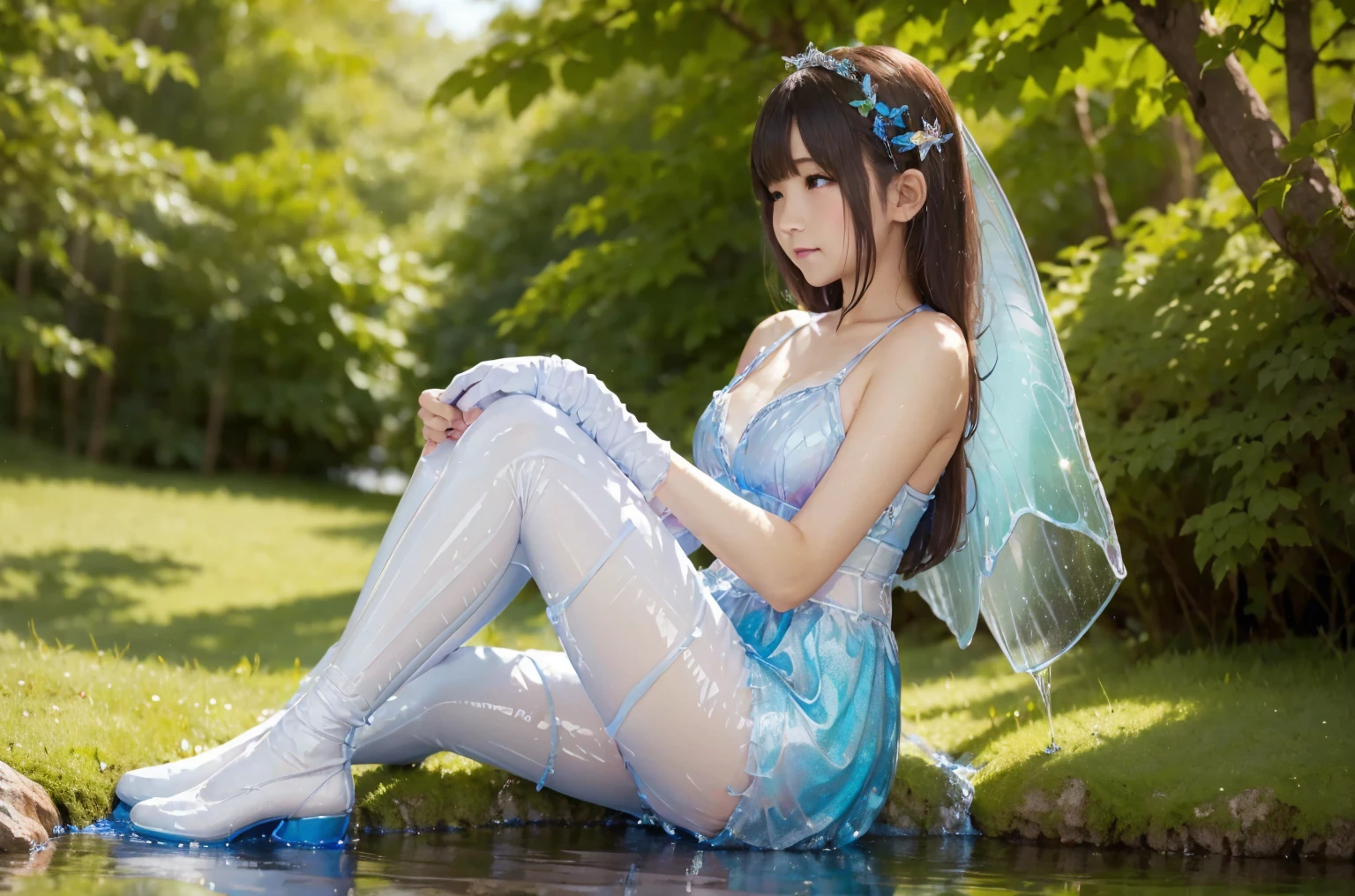 a fairy sitting nearby the lake made of her fluids