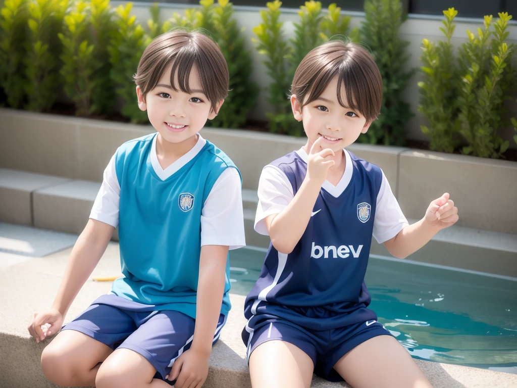 夏休みのprimary school校、Pool、primary school5Grade、Japan Boy、Glowing water splashes、A good boy dripping with water、Playing innocently、hot day、Two Boys、Various poses、Short sleeve gym uniform、Blue shorts、physical education、barefoot,(Boy 1.4)、Boys only 、(10Age 1.4)