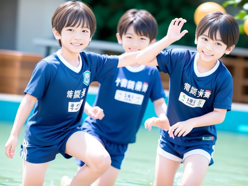 夏休みのprimary school校、Pool、primary school５Grade、Japan Boy、Glowing water splashes、A good boy dripping with water、Playing innocently、hot day、Two Boys、Various poses、Short sleeve gym uniform、Blue shorts、physical education、barefoot，（Boy 1.4）、Boys only 、(１０Age 1.４)