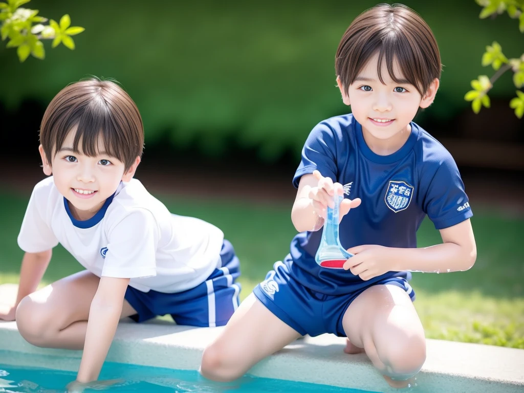 夏休みのprimary school校、Pool、primary school５Grade、Japan Boy、Glowing water splashes、A good boy dripping with water、Playing innocently、hot day、Two Boys、Various poses、Short sleeve gym uniform、Blue shorts、physical education、barefoot，（Boy 1.4）、Boys only 、(１０Age 1.４)