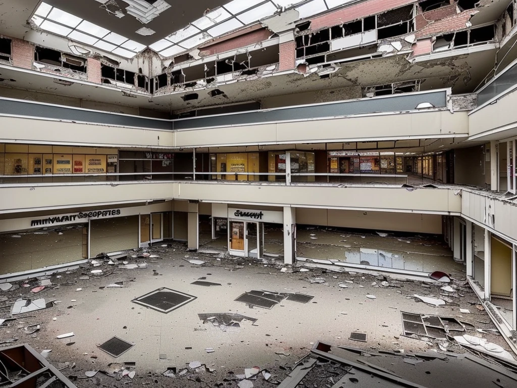 (((Masterpiece))), (high quality),(Abandoned small shopping mall,Daytime.unmanned,Turn off all the lights:1.5),(All the stores are independent and all have one floor.:1.5),There is a parking lot in front of the shopping mall,There is no car in the parking lot,Low - Angle,From a human perspective