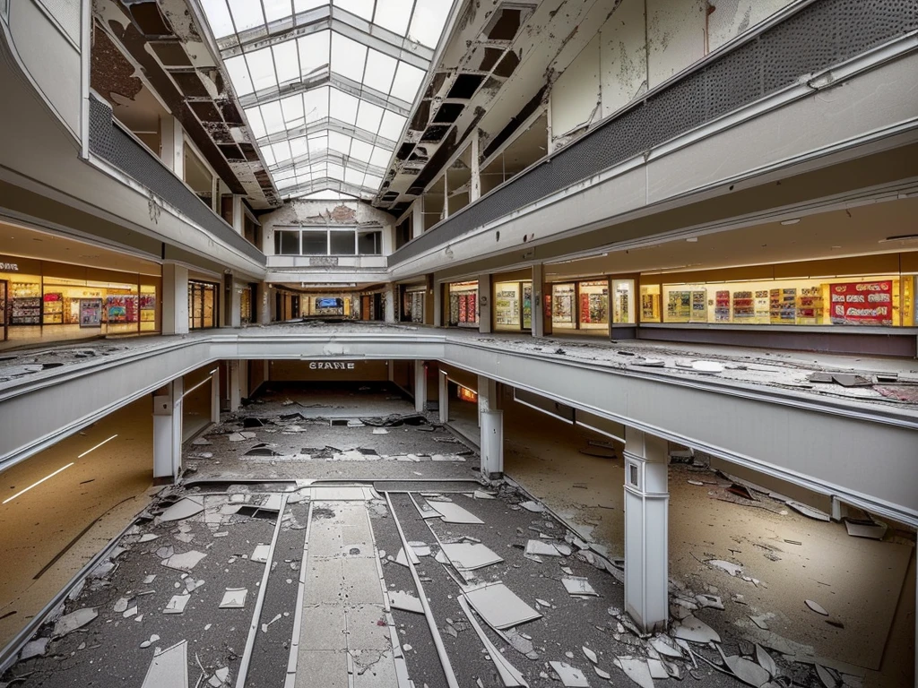 (((Masterpiece))), (high quality),(Abandoned small shopping mall,Daytime.unmanned,Turn off all the lights:1.5),(All the stores are independent and all have one floor.:1.5),There is a parking lot in front of the shopping mall,There is no car in the parking lot,Low - Angle,From a human perspective