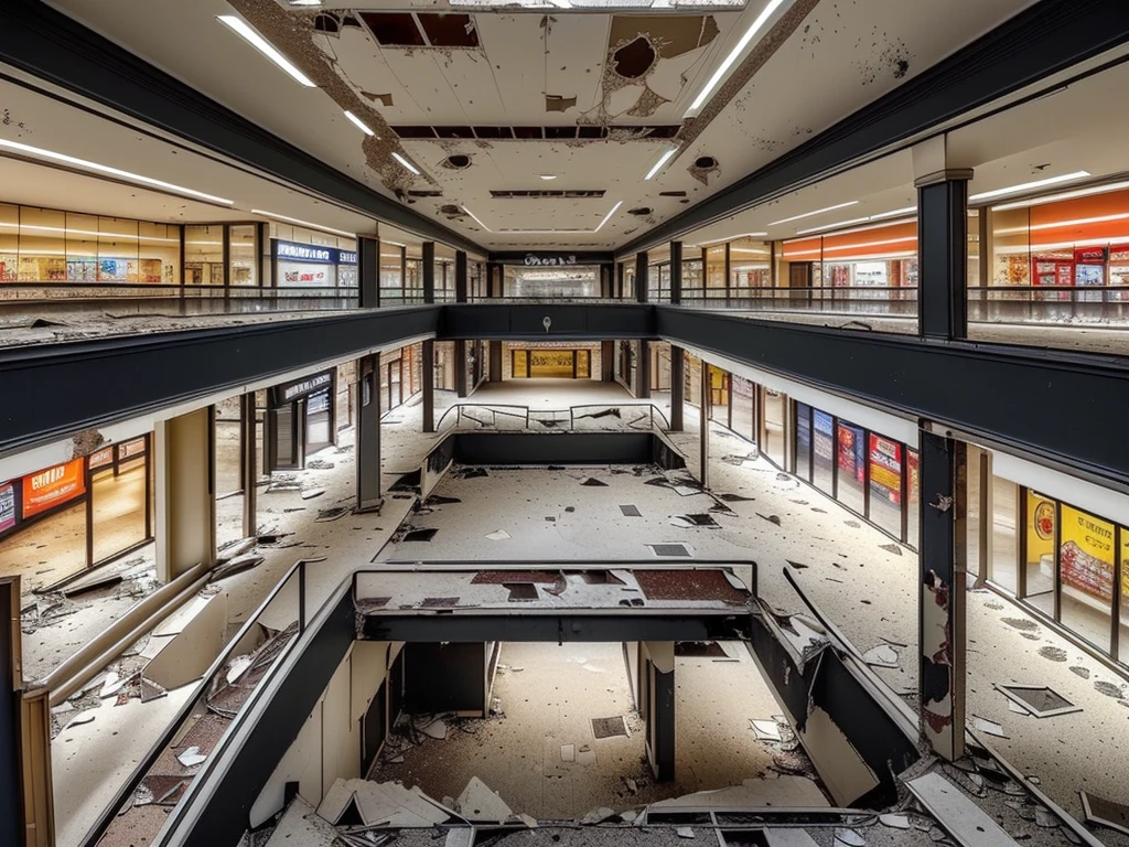 (((Masterpiece))), (high quality),(Abandoned small shopping mall,Daytime.unmanned,Turn off all the lights:1.5),(All the stores are independent and all have one floor.:1.5),There is a parking lot in front of the shopping mall,There is no car in the parking lot,Low - Angle,From a human perspective