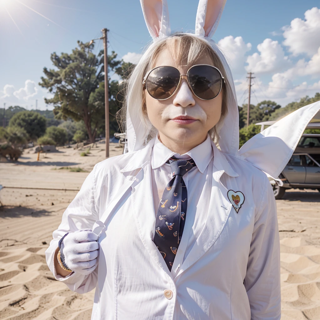 there is a white rabbit wearing sunglasses and a tie, with sunglasses, cute anthropomorphic bunny, electrixbunny, anthropomorphic rabbit, bad bunny, bunny suit, cool sunglasses, in sun glasses, wearing a bunny suit, rabbit, closeup 4k, sun glasses, rabbit_bunny, with sunglass, white rabbit, high fov
