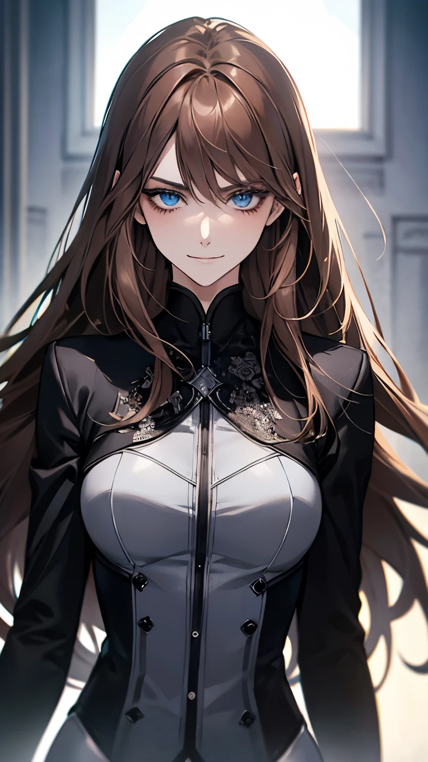 (highest quality,High resolution,Super detailed),1 girl, Beautiful and detailed light blue eyes, brown hair, cold smile,Resentment,Resentful,Straight long hair tied back, wearing a black suit, mature woman, 25 years old,Cruel smile, calm and calm, slender body shape, pale complexion, thin, calm, in the conference room.secretary
