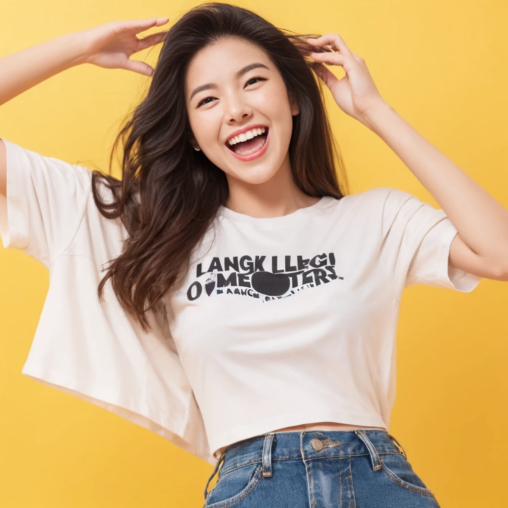 Foreign woman, black, long hair, white T-shirt, denim long bottom, laughing, hands raised, pale yellow background