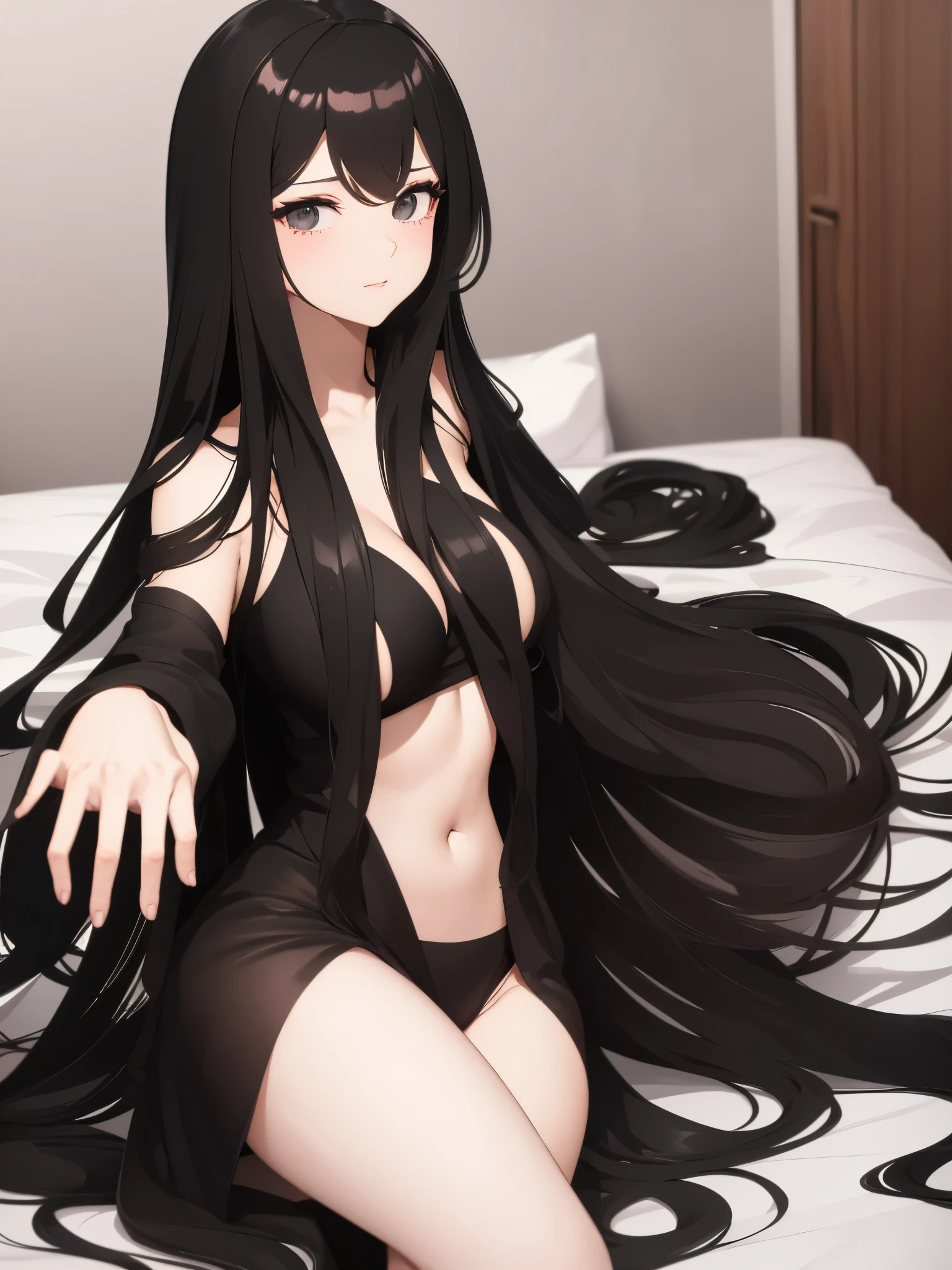 bedroom、silky medium long hair、silky wavy hair、black hair、super shiny detailed black eye、Looking at Viewer(camera)、big breastedium、white skin、sitting、