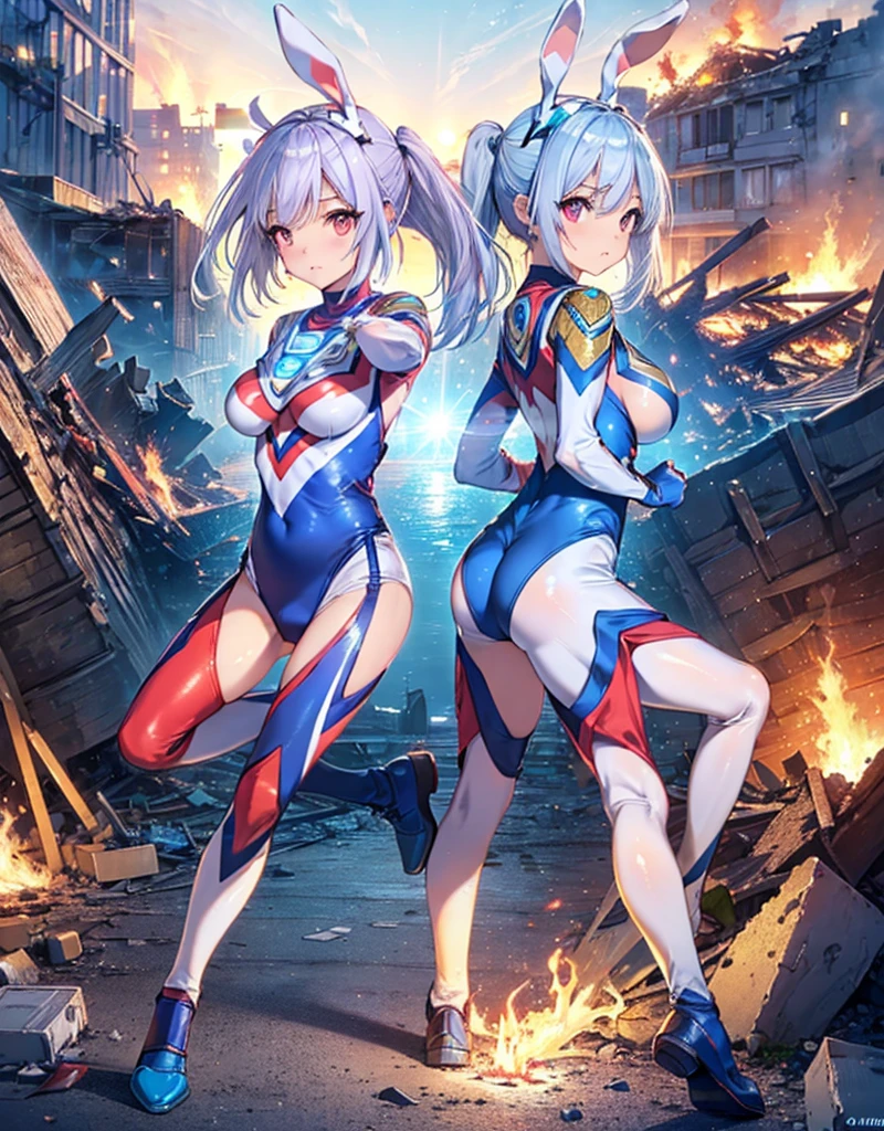 Realistic,Highest quality, Ultra Detail, High-quality CG rendering, The most delicate and beautiful, Floating softly, High resolution, (1 giant girl), (Highest quality,4K,8K,masterpiece:1.2), Light purple hair,(Bunny ears:1.5),(Very long ponytail:1.5),Red eyes,(Ultra Girl:1.0),(All blue Ultraman bodysuit:1.5),(All blue gloves:1.5),(All blue shoes:1.5),(Do not expose your skin:1.4),(Slightly larger :1.5),(Clenched Fist:1.2),(Place your hands in front of your chest:1.3),(whole body:1.3),(Are standing:1.3),(A city engulfed in flames:1.3),(Buildings in flames:1.3),(Burning Ruins:1.3),(Fighting Pose:1.3),(Turn your back to your audience:1.3),Butt