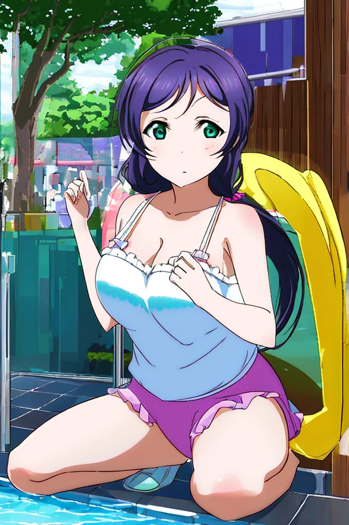 (((pixel-perfect, detail-perfect))), solo, 1girl, nozomi tojo, normal face, eyes green, hair violet, pool, bikini, large extreme filesize, ultra High Qality