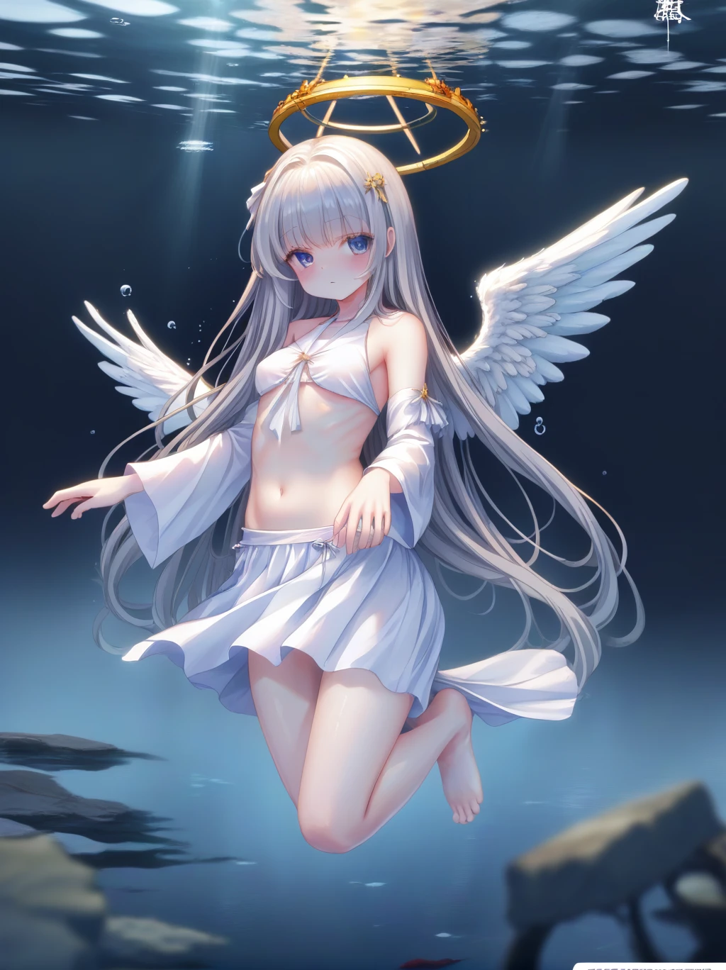  partially underwater, lakeの女神, Long Hair, Wet Hair,
lake,Dark Background, Blurred Edges,8--old、t Chest、skirt、Above the water line from the neck、Corpses in the water, Underwater Photography、浮力でskirtがめくれる、Angel Halo