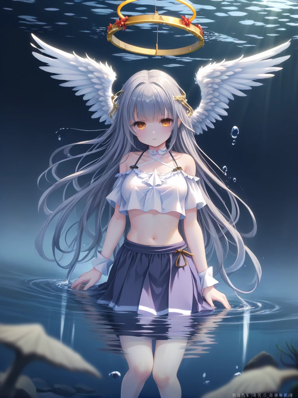  partially underwater, lakeの女神, Long Hair, Wet Hair,
lake,Dark Background, Blurred Edges,8--old、t Chest、skirt、Above the water line from the neck、Corpses in the water, Underwater Photography、浮力でskirtがめくれる、Angel Halo