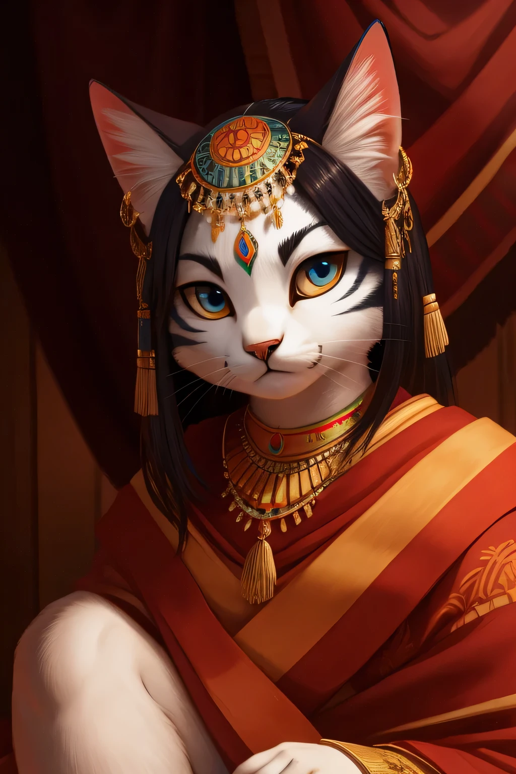 A black anthropomorphic cat with a full face sits quietly, donning a traditional Indian headdress adorned with vibrant feathers. The cat's war paint, intricately designed, covers its face, adding a fierce and powerful appearance. Its eyes gleam with a sense of mystery and intelligence, as it observes the western-style surroundings that lie before it.