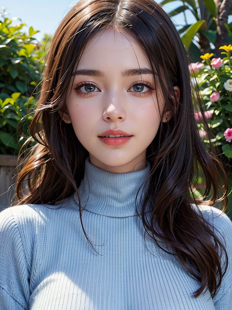 (8K, RAW Photos, Highest quality, masterpiece, Realistic, Realistic), (1 female), (Ultimate beauty), Highly detailed face, (Perfect Teeth), Beautiful Eyes, double eyelid, eyelash, smile, Lip details, Brunette Bob, The light shines on your face,  (Huge ?????: 1.2), ((Blue Turtleneck Sweater)), ((Upper Body)), (background: garden), ((Written boundary depth))