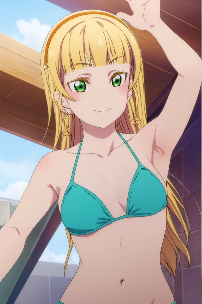 (((pixel-perfect, detail-perfect))), solo, 1girl, sumire heanna, smile, eyes green, hair blonde, sauna, bikini, armpit, big filesize, ultra High Qality