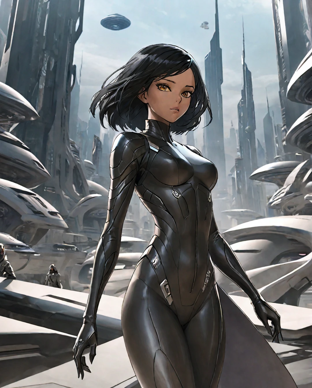 A gracefully dangerous Saudi Arabian woman, with light brown tan skin, brown eyes, and black hair, appears as an assassin and spy in a futuristic Alien planet city and landscape. The image depicts her in sleek, advanced attire that blends seamlessly with the alien surroundings. Every detail bursts with life amid the futuristic decay: her attire is a mix of high-tech and cultural elements, her eyes shine with cunning determination, and her movements exude deadly grace. The scene captures a perfect balance of elegance and danger, drawing viewers into a thrilling tale of intergalactic espionage.
