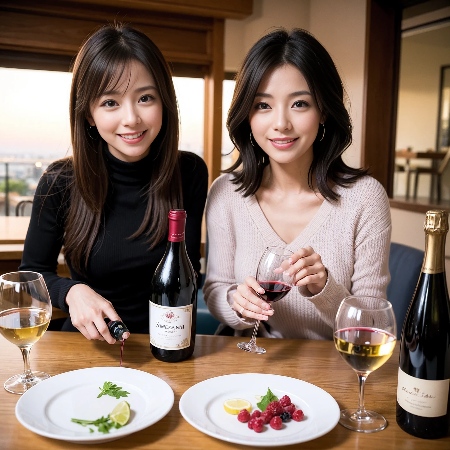 ((Highest quality、、masterpiece:1.3))、1 male 1 female、Satomi Ishihara、37 years old、Pink Couple、smile、 (Slim face), (the body is スリム), (Brown Hair), (Shortcuts), テーブルのフルコースディナーとwine glass、Amazing view of the sunset sky and clouds、smileの美しさ、Wine bottle、sparkling wine、Long sleeve shirt、dress、White wine, red wine, wine glass,