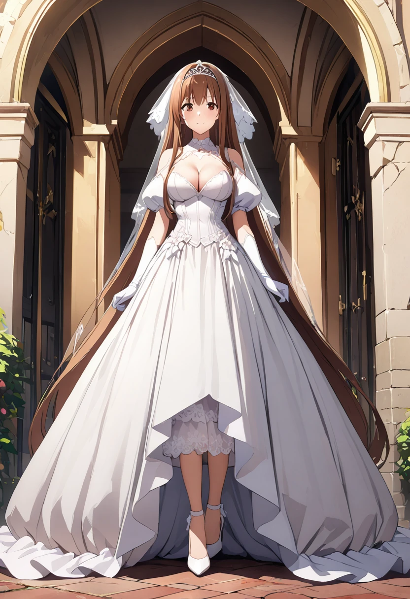 Highest quality、Super detailed、High resolution illustrations、Ultra-high-definition CG、8k size wallpaper、Production Art、Light novel illustrations、(1People Girls)、asuna yuuki, long hair, bangs, brown hair, brown eyes, very long hair, braid, Puff sleeves、Wedding Veil、tiara、Cleavage cutouts、Wedding dress、White Dress、White Gloves、Long skirt、White stiletto heels、Full Body