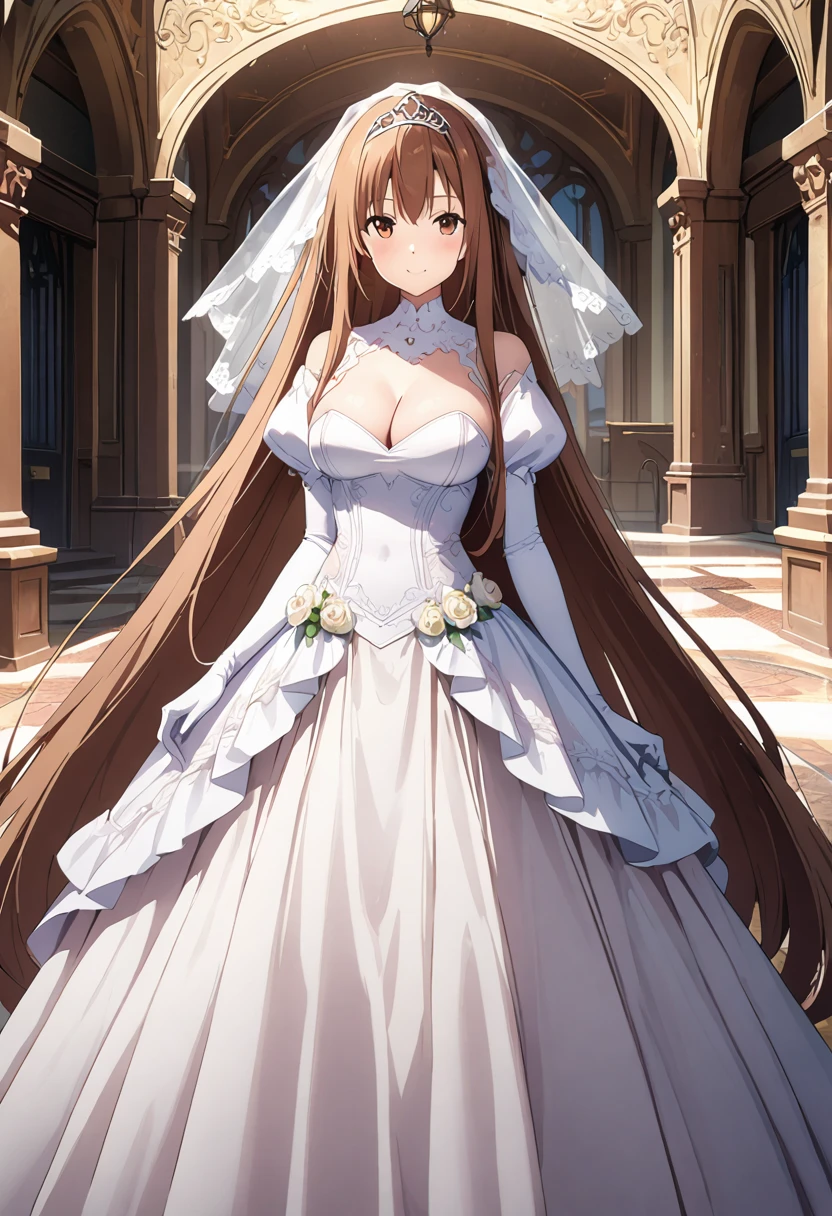 Highest quality、Super detailed、High resolution illustrations、Ultra-high-definition CG、8k size wallpaper、Production Art、Light novel illustrations、(1People Girls)、asuna yuuki, long hair, bangs, brown hair, brown eyes, very long hair, braid, sleeves、Wedding Veil、tiara、Cleaouts、Wedding dress、White Dress、White Gloves、Long skirt、White stiletto heels、Full Body