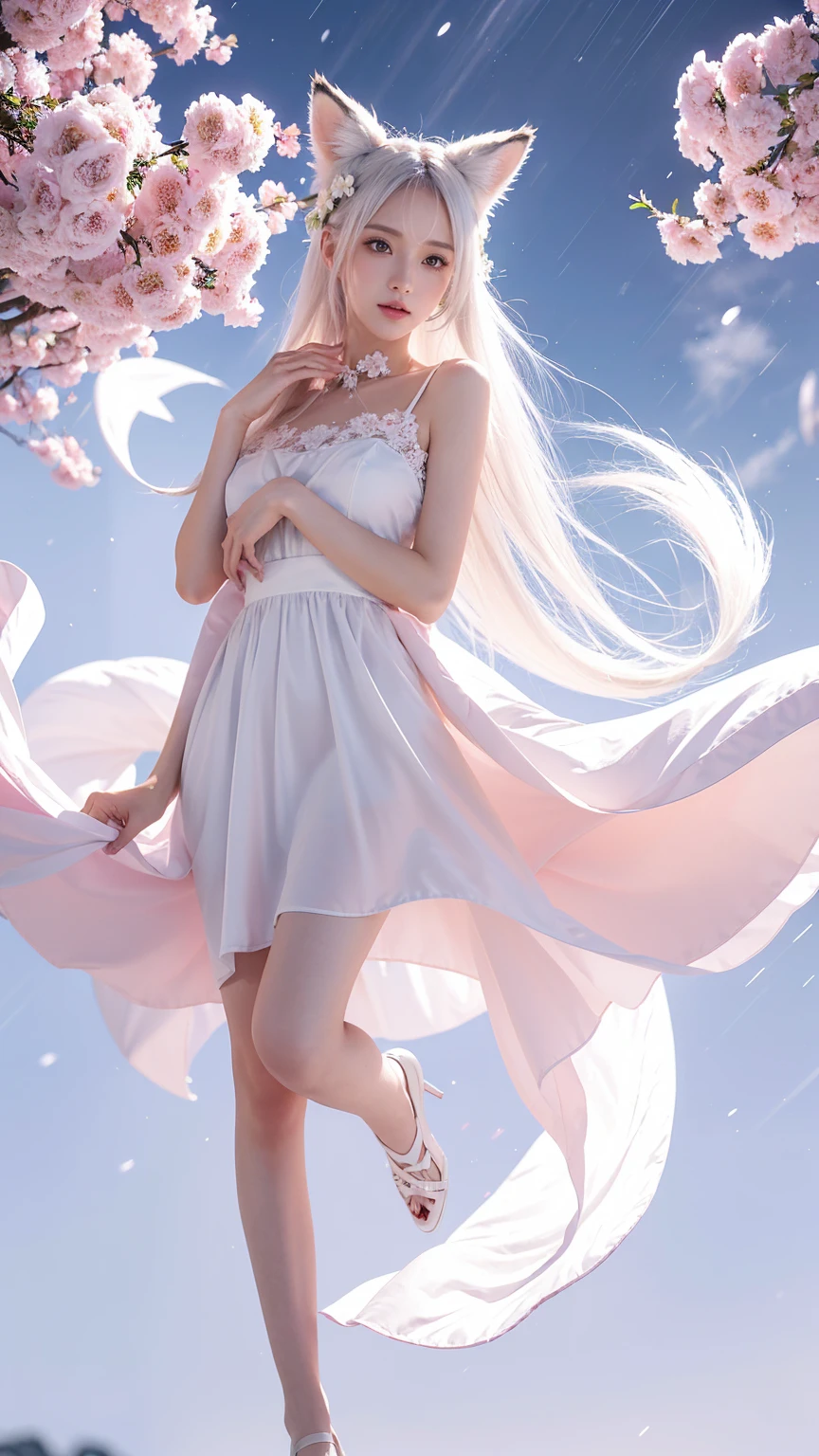 full body,(long leg:1.5),Nine snow-white fox tails (1.0), Milky white fox tail (1.0), Nine-tailed fox close-up, Nine Tails, Nine Tails, white Hair、Wearing a pink dress、Anime girl with flowers in her hair, very Beautiful anime fox girl, Beautiful anime fox girl, Beautiful fantasy anime, Gu Weiss, Anime girl with fox ears, Beautiful anime girl, Very beautiful and cute fox girl, Pink flower rain, Background blur, Anime style 4k, Anime Fantasy Artwork, 4k anime wallpaper, Guvez-style artwork
