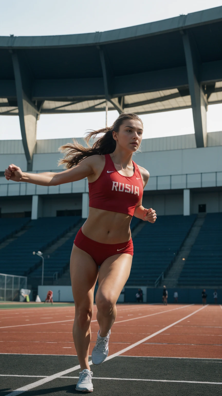 russian, beautiful mature college girl, ((athletic sports:1.2)), athletic sports wear, in stadium, track, ((a running figure)), very fast, motion blur, challenge, outside on track field, photorealistic, cinematic lighting, dark atmosphere, volumetric lighting, action pose, epic scene, nike advertising photography, just do it campaign