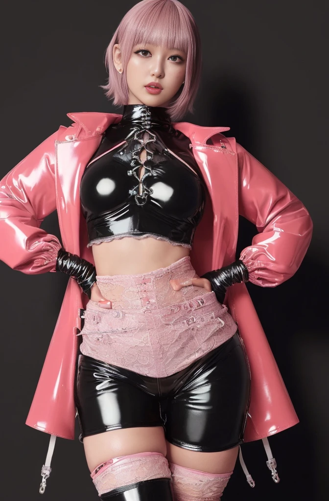 ((nsfw:1.9)),
((curvy hips)),((puffy crotch )),(((low leg skimpy croch)) ((ultra high detail crotch seam:2.0)) (((low waist micro shorts:1.8)),,,((curvy crotch :1.2~1.7 )),((wide hips)),((camel toe:1.2~2.0 )), ((plump thighs:1.2~1.7 ))), ((ultra high detailed skin:1.9)),(32k, RAW photo, best quality, masterpiece:1.8), (ultra highres realistic, photo-realistic:1.8), (extremely detailed 8k wallpaper), 23yo woman, (detailed face: 1.4)((ultra high detail latex idol outfit:1.5 )),(detailed face: 1.5),
(best quality:1.5),23yo woman,
(detailed face: 1.4)best quality, masterpiece,kpop idol,((ultra high detail latex idol outfit:1.5 ))((hyperdetailed grossy latex clothing:1.8 ))(ultra-detailed shiny glossy latex)((ultra high detail latex idol outfit:1.7)),(( midriff pink jacket)))
((High Detail shiny pink-white latex midriff cropped down jacket )),
((hyperdetailed grossy latex clothing:1.8 )),(((micro low-waist shorts:1.2~1.7) )),((ultra high detail crotch seam:2.0))
,((low leg skimpy croch))),((low leg micro shorts:1.2~1.7 )) (high detail pastelblue satin frilled shirt:1.5) ((ultra high detail pink twe-tone low leg skimpy shorts:1.2~1.7 )),((low leg skimpy low-waist shorts2.0)) (ultra high detail garter belt garter straps:1.2),(bulge:1.2)bob cut black hair;1.8 (oily hair :1.3),(high detailed blushing cheeks:1.7) (ultra high detail intricate latex thigh high lace-up boots:1.3)