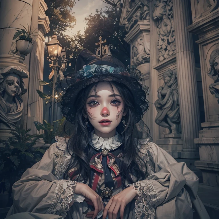 Standing in the grave、Hair flow、 ((Highest quality、masterpiece、8K、Best image quality、Ultra-high resolution、Award-winning works)、(Accurate anatomy:1.1)、(Look at me and smile:1.1)、Shining fair skin with Ultra-high resolution、The most detailed face、Ultra-high resolution detailed face、Ultra-high resolutionの髪の毛、(Ultra-high resolution eye:1.1)、Beautiful face drawn in every detail、Cheerful clown costume, Chest to chest,  Strange atmosphere, Ghosts flow, Dark Light, At the Cemetery, Heavy makeup 