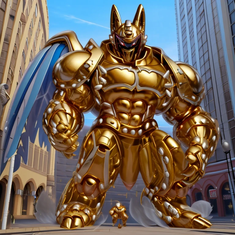 (Solo. masterpiece. official art. 8k. best quality. detailed full body. full body.)
(situation 1 : dominating Shiny_Mega_Lucario. Shiny_Mega_Lucario is over 1000 meters long. focus GIANT mechanical Muscular Shiny_Mega_Lucario is trampling the city. Looking down. macro. stomp. Low-angle perspective. emphasizing the immense size.)

(situation 2 :smoke and flames rising from the destruction in the city)

(Additional details 1: wearing a full-face helmet. golden armor. Armored Flazzard. Armored_Flazzard. high-tech bio-mecha armor. real texture material. whole body shines like metal. Wearing cyberpunk mecha. emphasizes the muscles. suit fully made of metal. intricate armor. Robotic suit. suit fully made of metal. cyborg. He is wearing a golden cloak.).

(Additional details 2: (Detailed head. Detailed Body. Detailed abs. gigantic muscles. HYPER MUSCLES. Gigachad Muscular. big muscle. pecs. triceps. traps. unusually developed muscular body. body full of huge muscles. showing off muscles. pectorales enormes. Exaggeratedly huge muscles. huge muscles. long legs.).

(Additional details 3: Spread wings. It has wings. have big wings. The claws are sharp. Sharp teeth).

(Additional details 4: golden hyper penis. hyper golden penis. big penis) 