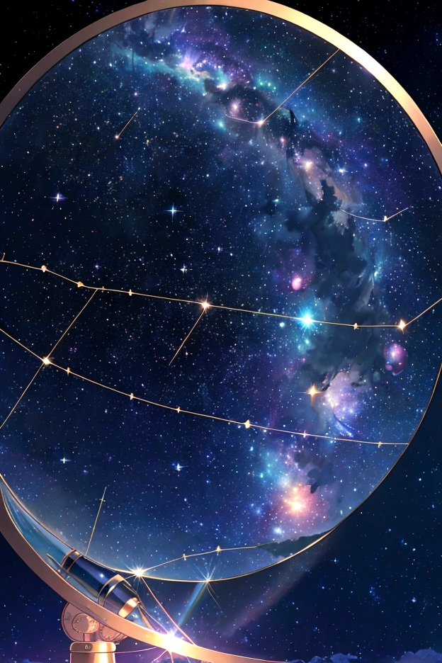 The world seen through a telescope、Iridescent幻想的なNight Sky、constellation, Iridescentconstellation、Iridescent空包み込まれそうな瞬間，Astronomical observation、Planetarium、Meteors、colorful，美しいconstellation、Three-dimensional，wonderful景色，Night Sky，An atmosphere full of dreams and hope，masterpiece．16K, Ultra-high resolution, to be born,wonderful ,future、Iridescent、The world 30 years from now。