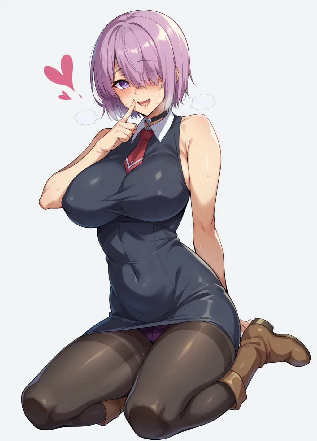 turn around、back、Ultra-detailed illustrations、Ultra-precise expression、masterpiece、Highest quality、ultra High resolution、High resolution、Hiromitsu Takeda Style、White background、Simple Background、One girl、solo、Mash Kyrielight、light purple hair,short hair,hair over one eyes、Black sleeveless dress, White collar、Red tie、Black Pantyhose、Purple panties、Brown boots、Purple eyes、Vulgar expression、smile、Open your mouth、blush、Large Breasts、Big Breasts、Choker of Hearts、White Breath、Sweat、Glowing Skin、shiny skin、Angle behind、View your viewers、Place the index finger of one hand over your mouth、