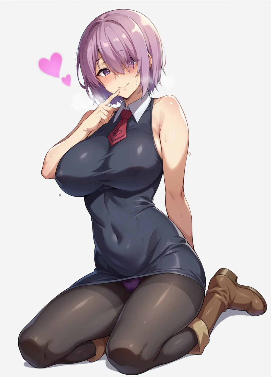 turn around、back、Ultra-detailed illustrations、Ultra-precise expression、masterpiece、Highest quality、ultra High resolution、High resolution、Hiromitsu Takeda Style、White background、Simple Background、One girl、solo、Mash Kyrielight、light purple hair,short hair,hair over one eyes、Black sleeveless dress, White collar、Red tie、Black Pantyhose、Purple panties、Brown boots、Purple eyes、Vulgar expression、smile、Open your mouth、blush、Large Breasts、Big Breasts、Choker of Hearts、White Breath、Sweat、Glowing Skin、shiny skin、Angle behind、View your viewers、Place the index finger of one hand over your mouth、