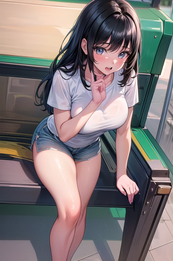 20 years old,1 girl, extremely thick thighs, hyperrealistic, 8k, (extremely detailed 8k), (very delicate and beautiful), (masterpiece), (better quality:1.0), (ultra high resolution:1.0), (masterpiece, best quality), cute,black hair,laugh with open mouth,gleaming skin,, short sleeve shirt,leaning forward,reaching out,low angle