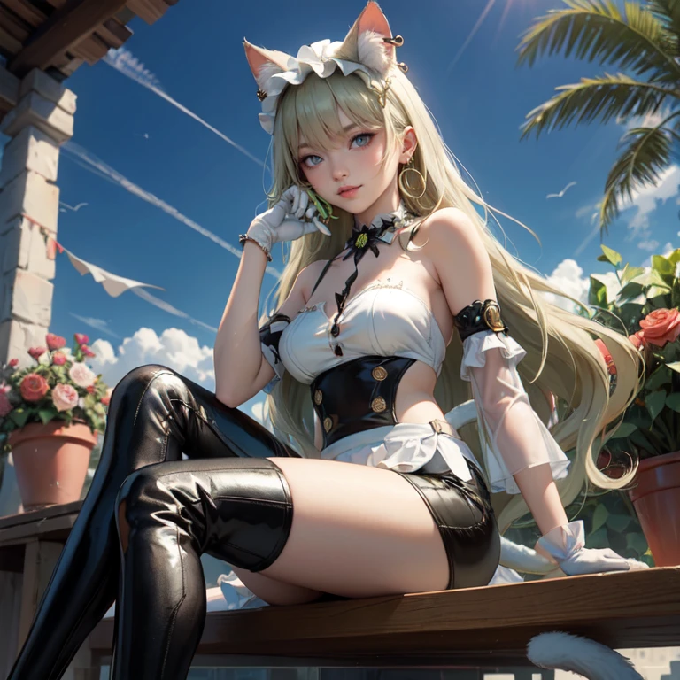 1girl, white maid dress, jewelry, green hair, flowing hair, long hair, white roses, firefly, oriental architecture, maid dress with a short skirt and layers, white laces, white boots, white dress with transparency, gold details on her clothes, cat ears, animal ears, outside, outdoor, seat on the water, meteor falling in the sky, white roses, grass flowers, more details, perfectly body, perfectly hands, two hands, two legs, two arms, five fingers, glowing hair, best quality, cat ears, animal ears, tail ornament, tail bow, white gloves, two cat tail, white gloves, alone, maid headdress, choker, garden scenery, detached sleeves, maid dress, maid white dress, strapless, masterpeice, best quality, detailed face, night, mobius (honkai impact), honkai (series), honkai impact 3rd, asymmetrical gloves, bangs, white short skirt , white gloves, white boots, earrings, elbow gloves, fishnet thighhighs, fishmasterpeice, solo, best quality, detailed face, gloves, green eyes, green hair, hair between eyes, jewelry, long hair, looking at viewer, single earring, sky, sleeveless, solo, thigh boots, thighhighs, tongue, tongue out, uneven gloves, sitting, cat ears, animal ears, cat tail, holding a ice cream