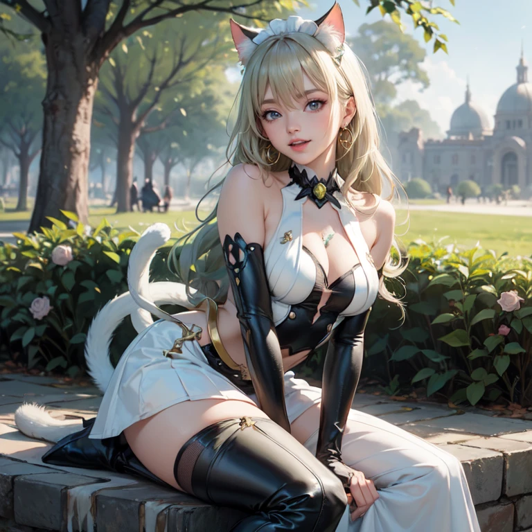 1girl, white maid dress, jewelry, green hair, flowing hair, long hair, white roses, firefly, oriental architecture, maid dress with a short skirt and layers, white laces, white boots, white dress with transparency, gold details on her clothes, cat ears, animal ears, outside, outdoor, seat on the water, meteor falling in the sky, white roses, grass flowers, more details, perfectly body, perfectly hands, two hands, two legs, two arms, five fingers, glowing hair, best quality, cat ears, animal ears, tail ornament, tail bow, white gloves, two cat tail, white gloves, alone, maid headdress, choker, garden scenery, detached sleeves, maid dress, maid white dress, strapless, masterpeice, best quality, detailed face, night, mobius (honkai impact), honkai (series), honkai impact 3rd, asymmetrical gloves, bangs, white short skirt , white gloves, white boots, earrings, elbow gloves, fishnet thighhighs, fishmasterpeice, solo, best quality, detailed face, gloves, green eyes, green hair, hair between eyes, jewelry, long hair, looking at viewer, single earring, sky, sleeveless, solo, thigh boots, thighhighs, tongue, tongue out, uneven gloves, sitting, cat ears, animal ears, cat tail, holding a ice cream