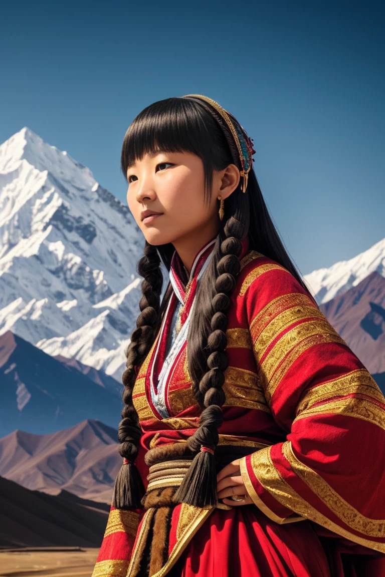surrealism, Verism, Chiaroscuro, Depth of field, Cinematic lighting, movie picture quality,strong contrast of light and shadow,back lit lighting, filmgrain, hyper HD, Masterpiece, ccurate, Textured skin, Super detail, High details, High quality, Best quality, A high resolution, 8K,The scene is the scenery of the Qinghai-Tibet Plateau,There are snowy mountains,prayer flags,wooden cabin,「A beautiful 28-year-old Tibetan girl」,The costumes are Tibetan art costumes,Photographic style
