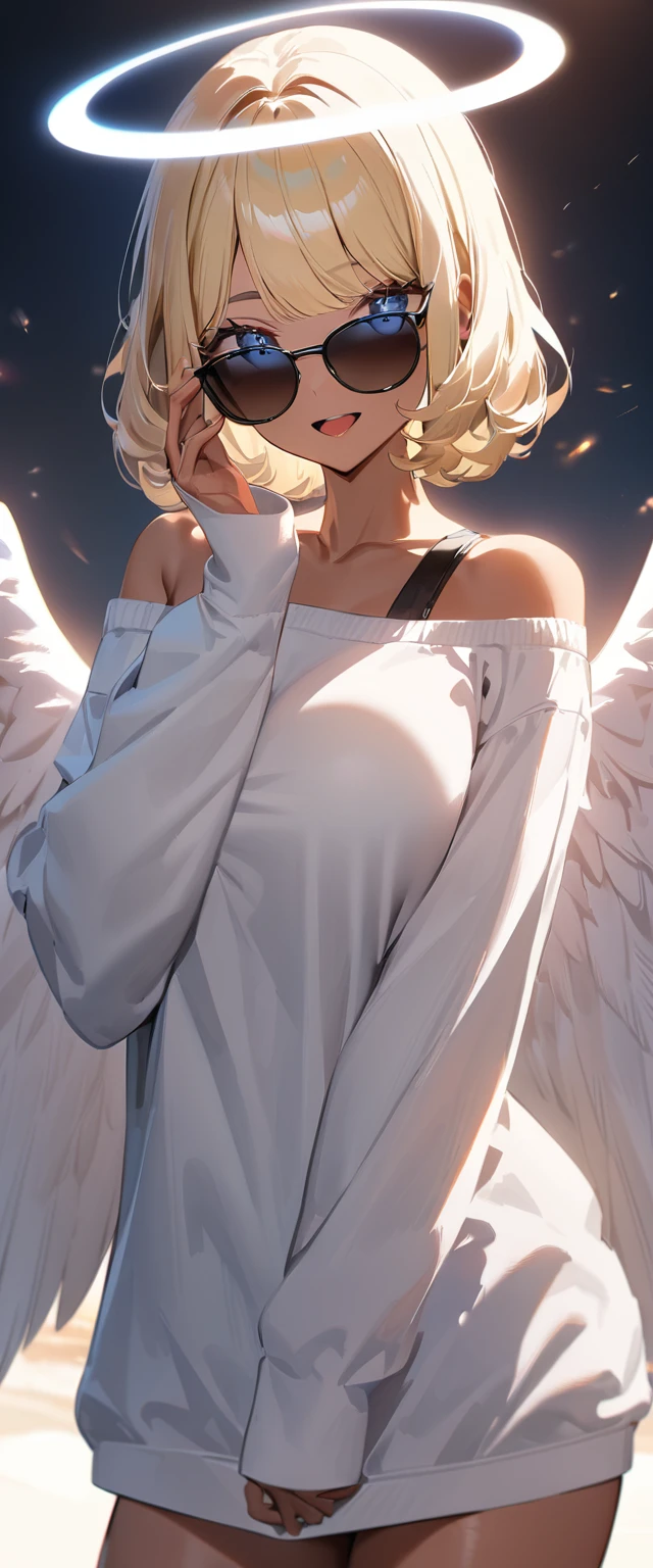 (((One girl))), (((cowboy shot))), ((tanned skin:1.3)), ((sunglasses, hand to sunglasses)), ((angel, big big white wings:1.2, halo:1.3)), open mouth, stick out tongue, ((wavy hair, outward curled hair)), evening, Sunset, sea, beach, ((blond hair, bob cut:1.3)), big breasts, teenager, (looking at viewer), oversized clothes, puffy long sleeves, collarbone, ((off-shoulder sweater dress:1.3, Quite thick shoulder straps)), (((sleeves past wrists:1.3))), ((white sweater)), collarbone, head tilt:1.3, (((blue eye))), ((happy smile)), (((anime style))), (best quality, 4K, 8K, highres, masterpiece:1.2, ultra-detailed, ultra-detailed eyes, HDR, uhd, studio lighting, ultra-fine painting, sharp focus, physically-based rendering, extreme detail description, professional, vivid colors, bokeh), ((Highest quality, Best image quality, Ultra-high resolution, Ultra-high resolution, solo, Strong eye highlights)), Depth of written boundary, Natural soft light, attractive, Beautiful Face, Cleanliness, Pure Face, medium chest, Beautiful Face, Perfect Fingers, Perfect hands, Perfect body, Perfect Face, Shine a light into your eyes, Perfect Anatomy