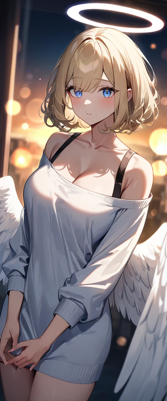 ((angel, big big white wings:1.3, halo:1.3)), ((from below)), (((sunglasses, hand to sunglasses))), (((cowboy shot))), archangel Uriel, ((wavy hair, inward curled hair)), evening, Sunset, ((blond hair, bob cut:1.3)), breasts, ager, (looking at viewer), oversized clothes, puffy long sleeves, ((off-shoulder sweater:1.3, Quite thick shoulder straps)), ((white sweater)), collarbone, head tilt:1.3, (((blue eyes))), ((happy smile)), (((anime style))), (best quality, 4K, 8K, highres, masterpiece:1.2, ultra-detailed, ultra-detailed eyes, HDR, uhd, studio lighting, ultra-fine painting, sharp focus, physically-based rendering, extreme detail description, professional, vivid colors, bokeh)