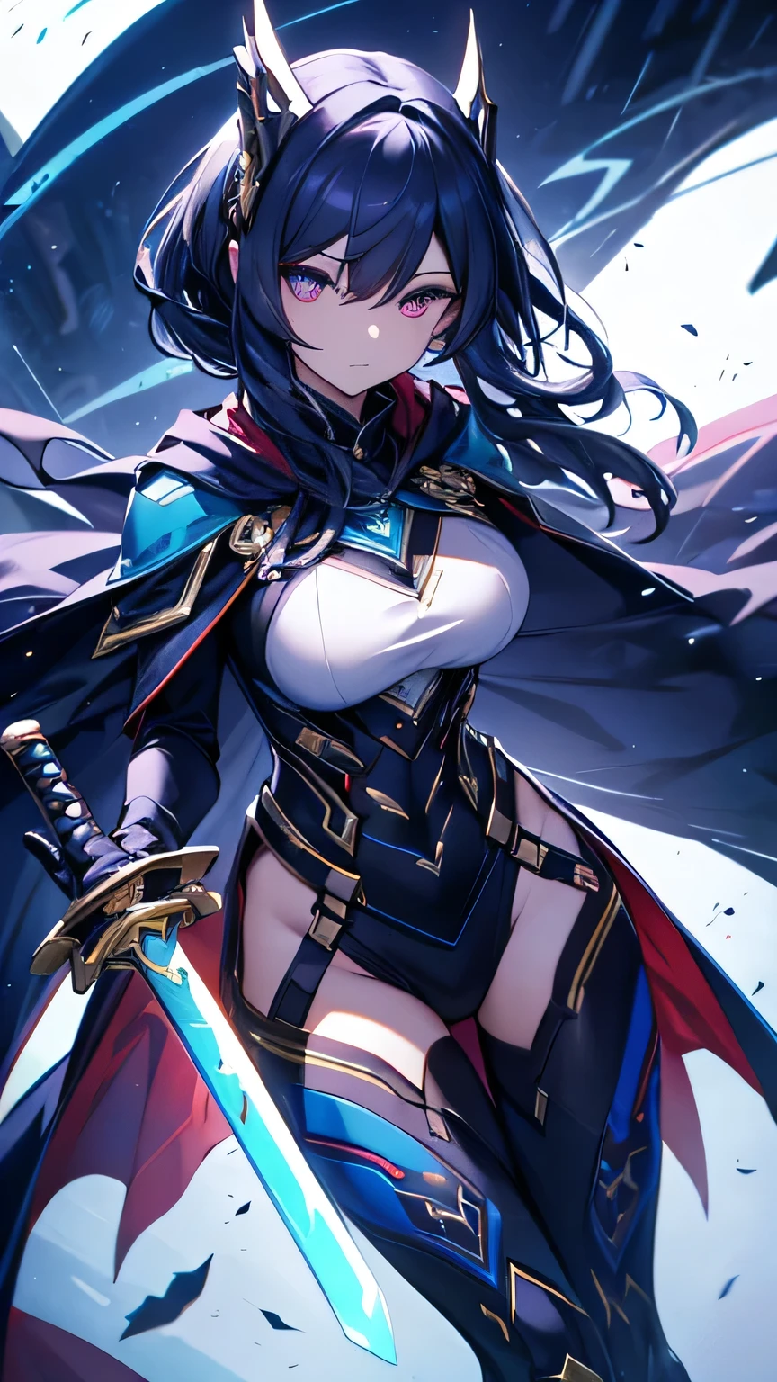 Highest quality、Highest quality、Masterpiece、girl((Age 25、as soon as、Highest Bust、Medium Bust、Wide open chest、Red glowing eyes、Black Ear、Red Mesh、Disheveled Hair、Loincloth、thin、The best valley、Open chest、Luminous Wristbands、hair ornaments、Full body view、Tank top、Black ninja costume、scar、Full body scar、Fighting Pose,Japanese sword、A little muscular、Blue aura、Watery eye、Tears))、high quality、Beautiful Art、background((night、Ninja World))、flight、Flying Debris、Depth of text、movie、Visual Arts、Perfect Art、8K、Genuine、