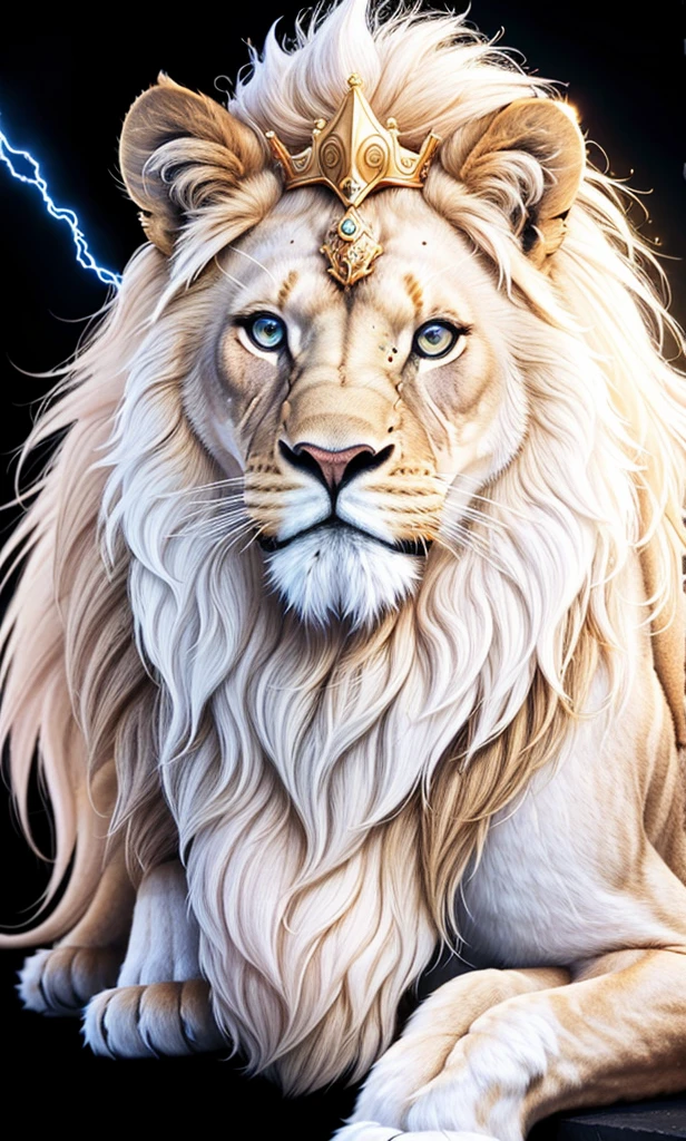 Lion, Divine Lion, naturals, thunder, Realistic Lion, rey, realistic detailed, Sunset light, sky, Sol noturno, realistic detailed 16K, Eletricidade Detalhada 8K, darkness background, Texturas realistas de 8K, Cores photorrealistic 8K, fire azul, realistic detailed Fire Bolt, sky Light Detailed, Power of thunder, Divine realistic, golden crown, golden crown, golden crown, naturey, Linda, Rendering, photorrealistic, UltraHigh definition, 4K, detailed textures, thunder, detailed shadows, detailed colors, neon blue, blue light, lightnings, blue power, Beautiful nature, Great Divine, peaceful face, gold Crown, King, naturalss, lightning, Electric Power Screw, detailed contrast, realistic contrast, high resolution, detailed colors, fire, villany, divine creature, 8K FullHD, realistic detailed, 16K, 8K, High definition, detailed contrast, realistic contrast, high resolution, detailed colors, fire, villany, divine creature, 8K Realistic Lion Face, realistic detailed, posh, elegance